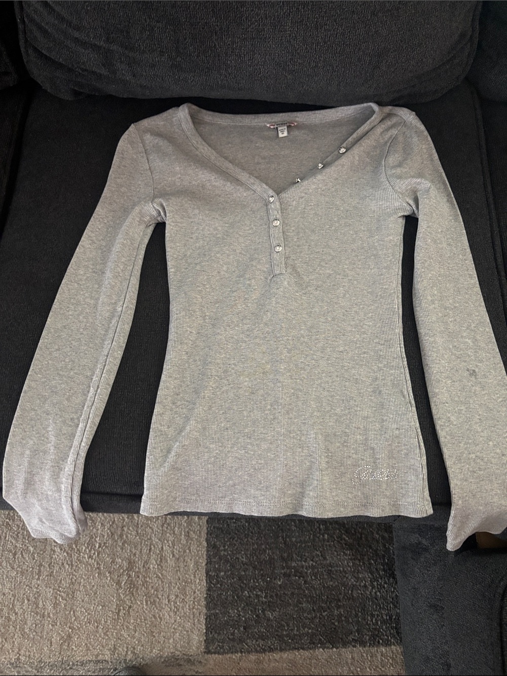 Guess Gray Long-Sleeve Henley Top with Rhinestone Accent